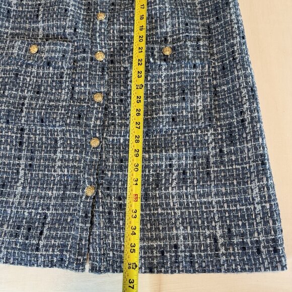 LOFT Womens Tweed Mini Pocket Dress 12 Blue Gold Buttons Fringe Old Money 60s - Picture 13 of 16